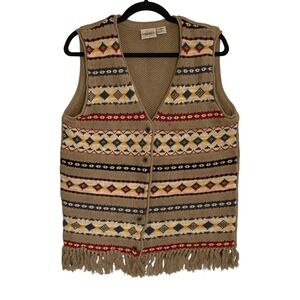 Vintage Southwestern Knit Fringe Sweater Vest Tan Womens Medium Boho Indie